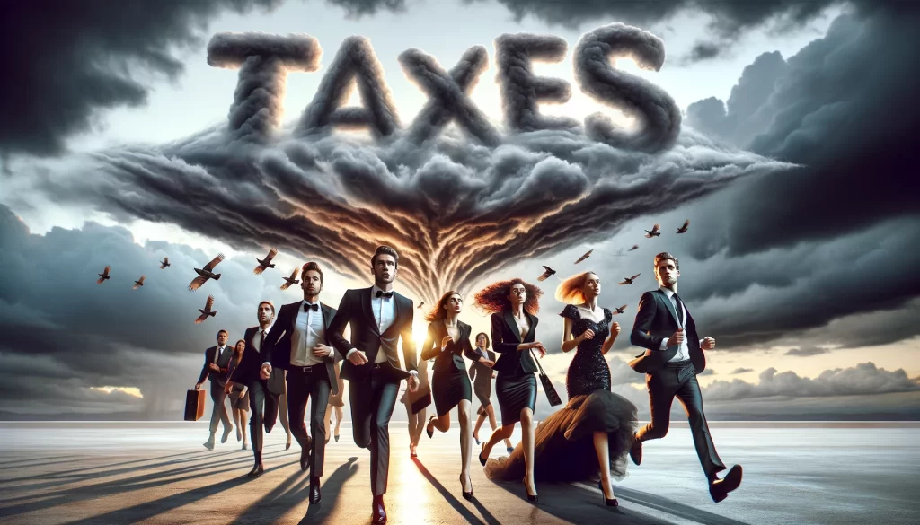 People running from approaching tax storm clouds
